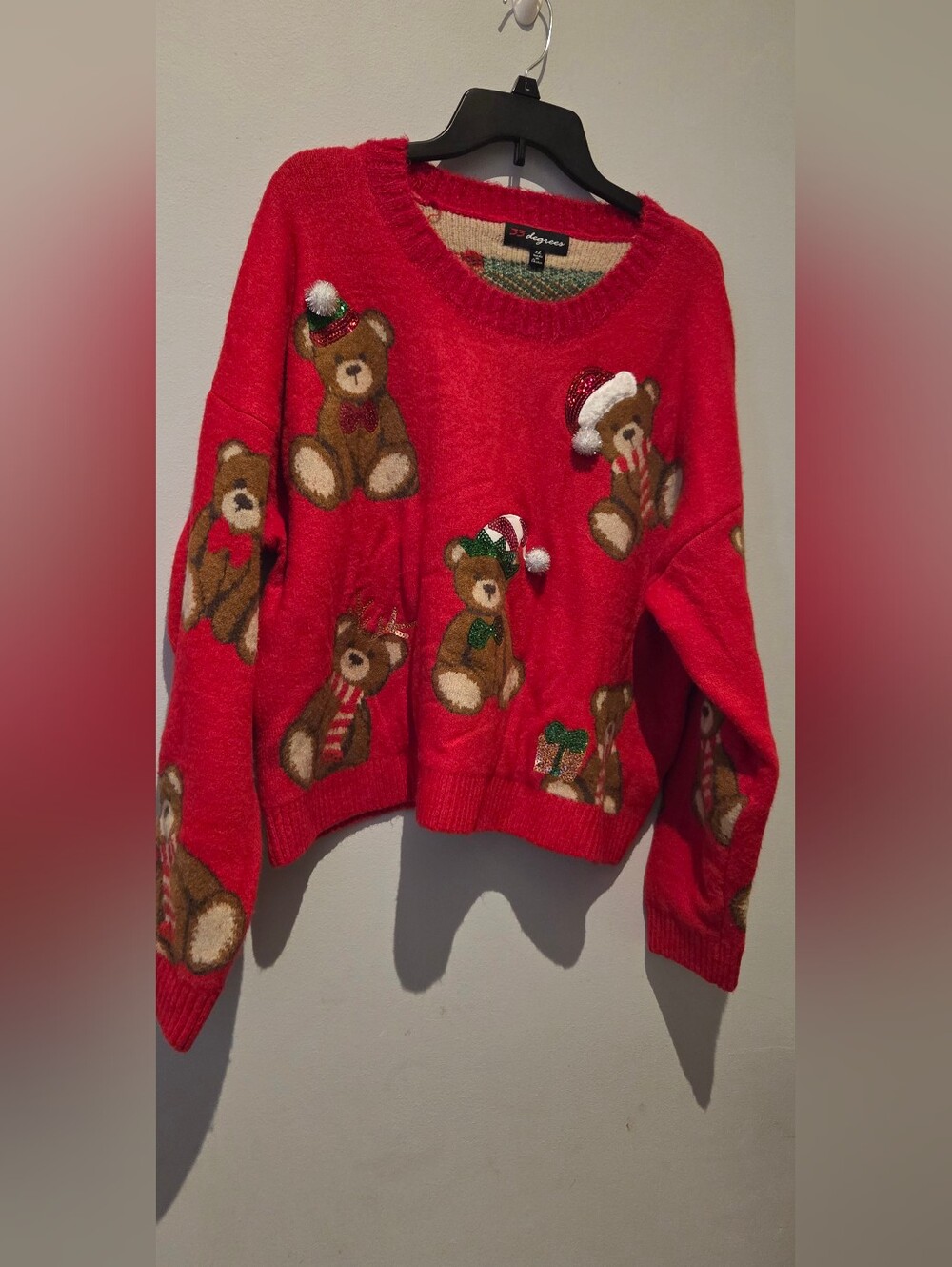 ​33 Degrees Ugly Christmas Sweater XL Red Fuzzy Teddy Bears Sequins GUC